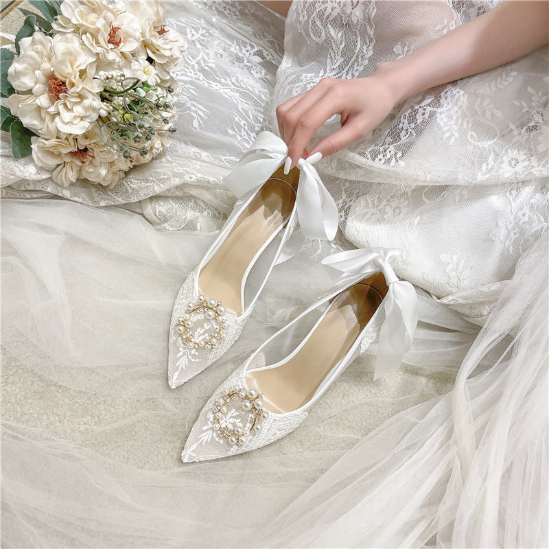 Women's Lace Bridesmaid White Pointed High Stiletto Design Sense Women's Fashion Shoes