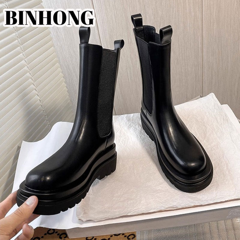 Women's Elevator Martin British Style Smoke Pipe Thick Women's Leather Boots