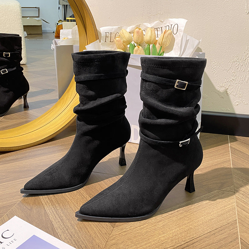 Women's Khaki Suede Pointed Stiletto Short Small Pleated Pile Women's Leather Boots