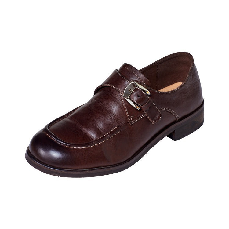 Style Washed Cowhide Round Toe Handmade Adjustable Buckle Fashion Deep Women's Casual Shoes