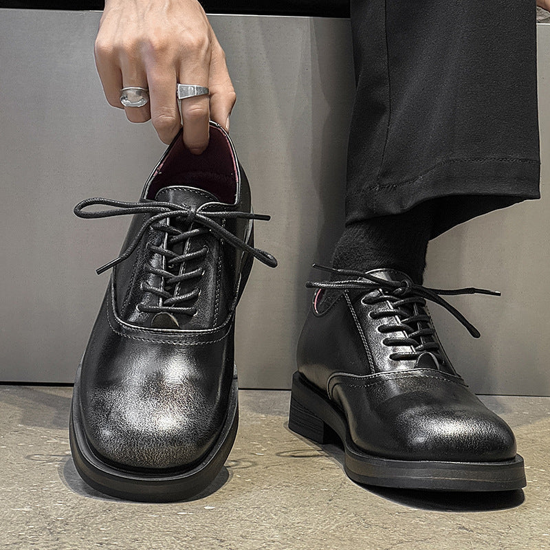 Summer British Style Thick Bottom Height Increasing Square Head Commuter Men's Casual Leather Shoes