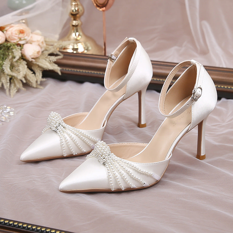 Women's Multiple Pearl Pointed Toe Stiletto Buckle Strap High Sexy Heels