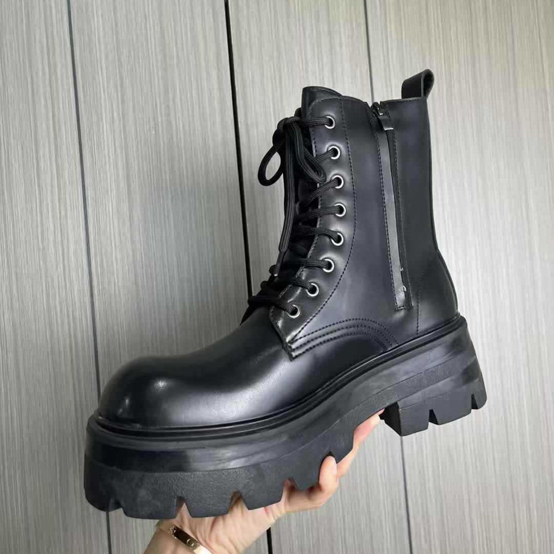 Men's British Style Black Side Zip Platform Motorcycle Boots