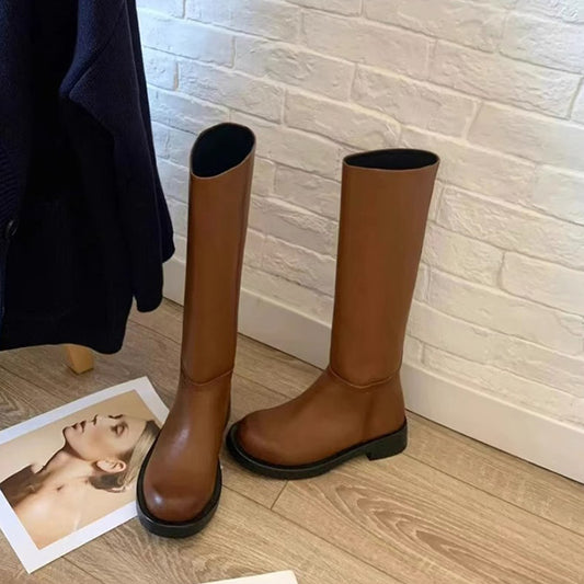 Women's Long Female Simple Slimming High Tube Middle Korean Style Slip-on Women's Leather Boots
