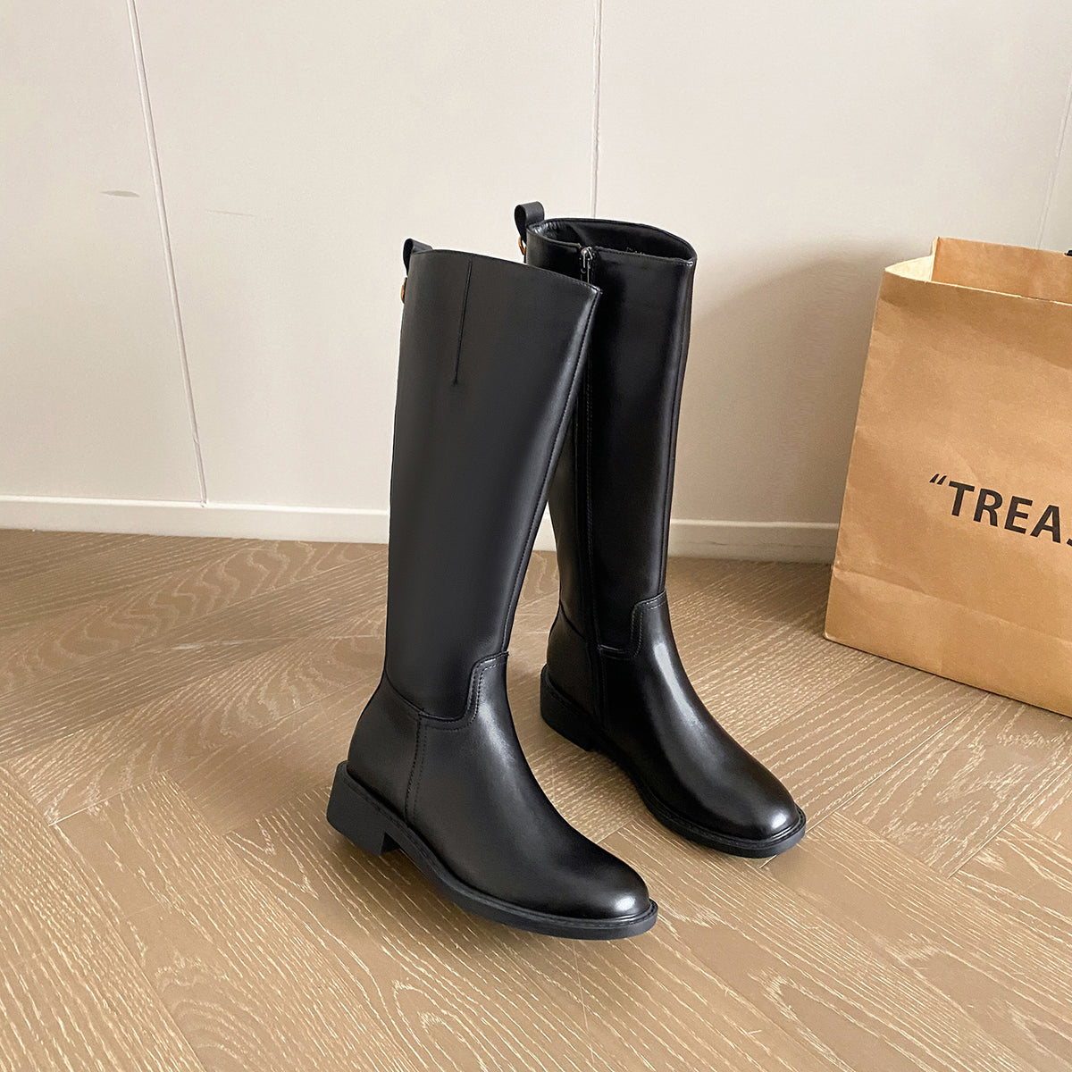 Women's Fleece-lined Pants Straight For Below The Knee Side Zipper Women's Leather Boots