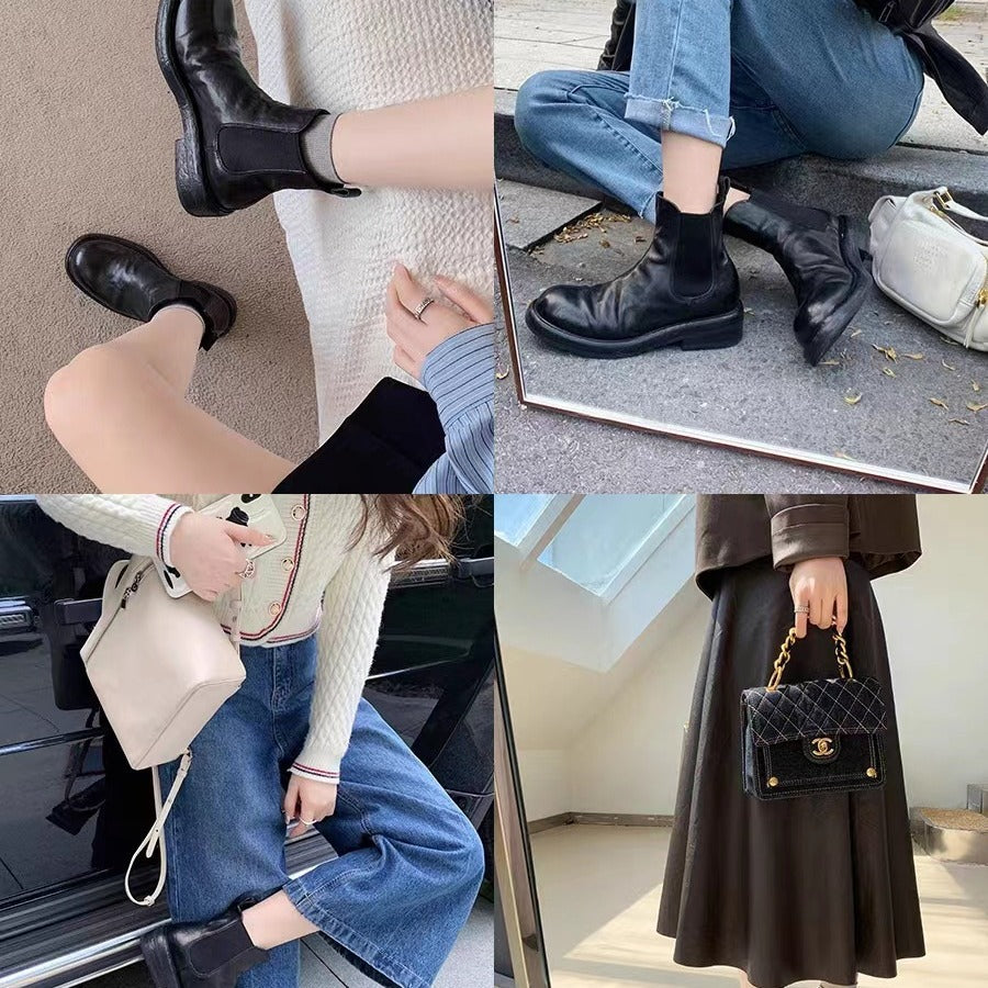 Women's Cowhide Washed Horse Pleated Chunky Platform Smoke Boots