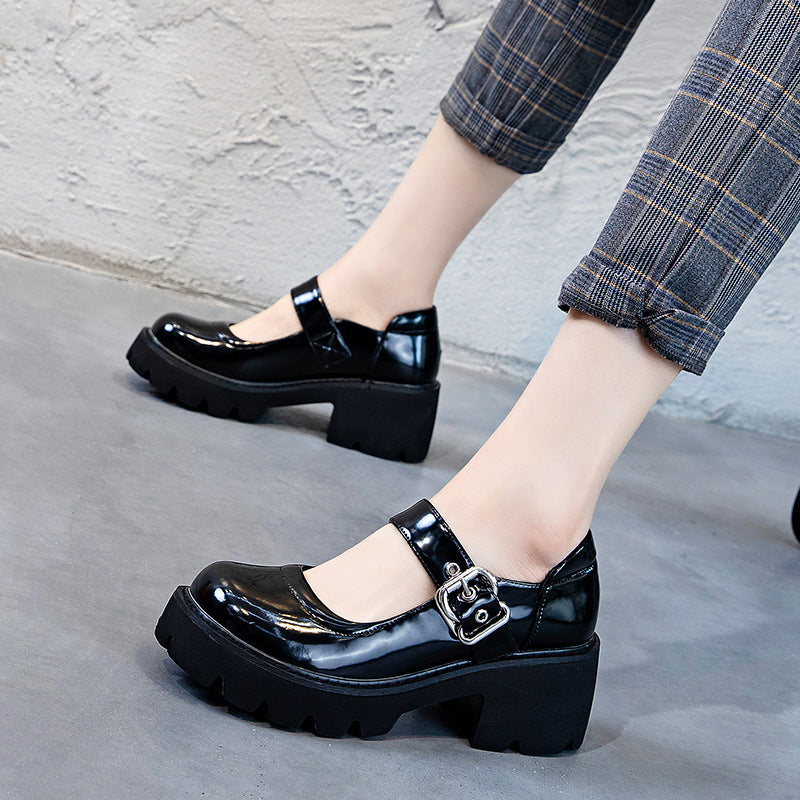 Women's Trendy Spring British Style Thick Bottom Low-cut Chunky Round Head Heels