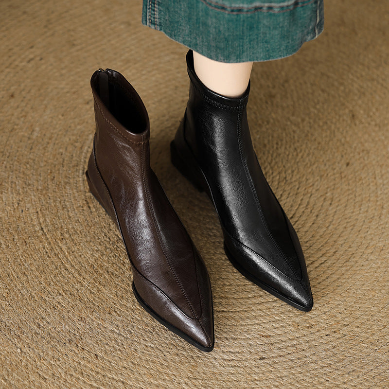 Women's French Pointed Toe Stretch Thin Low Thick Short Retro Brown Heels