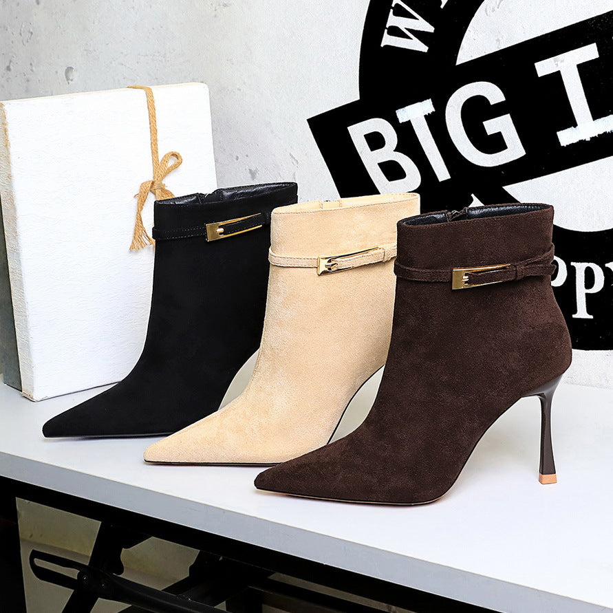 Women's Fashion Sexy Pointed Toe Suede Stiletto Belt Buckle Heels