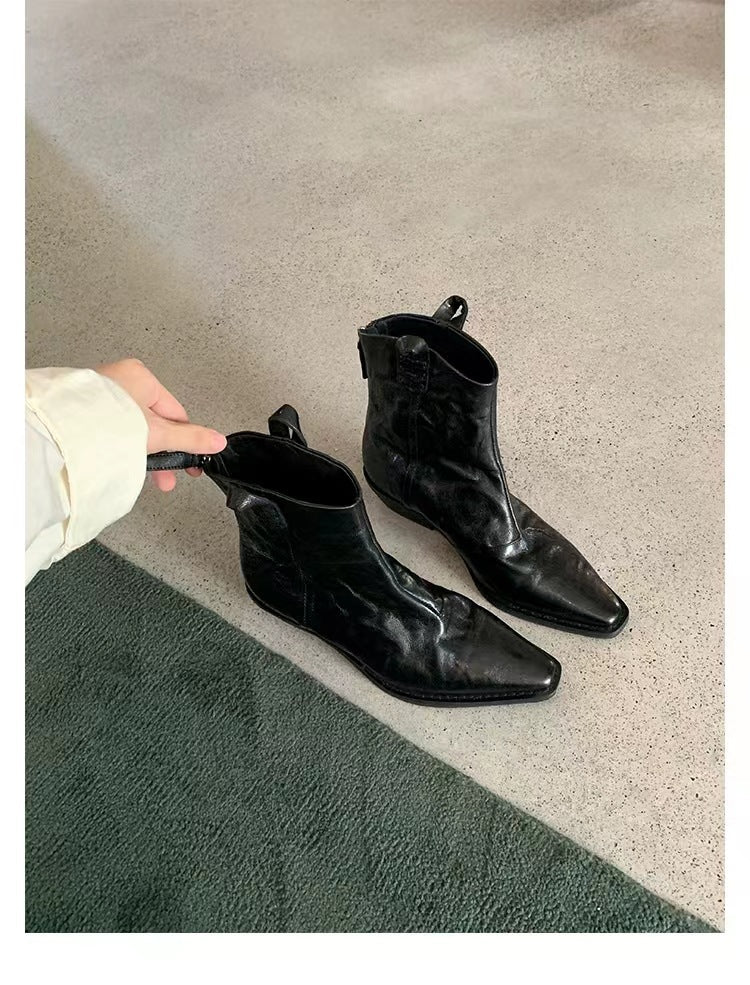Women's Fashionable Pointed Toe V-shaped Mouth Vintage Denim Genuine Skinny Thick Women's Leather Boots