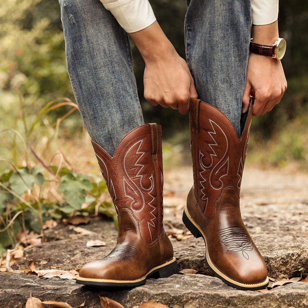 Sleeve Large Wide Head Western Cowboy Men's Leather Boots