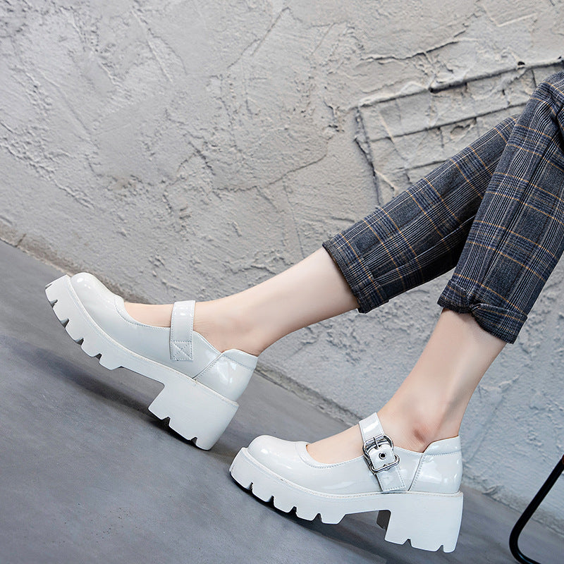Women's Trendy Spring British Style Thick Bottom Low-cut Chunky Round Head Heels