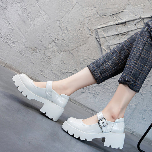 Women's Trendy Spring British Style Thick Bottom Low-cut Chunky Round Head Heels