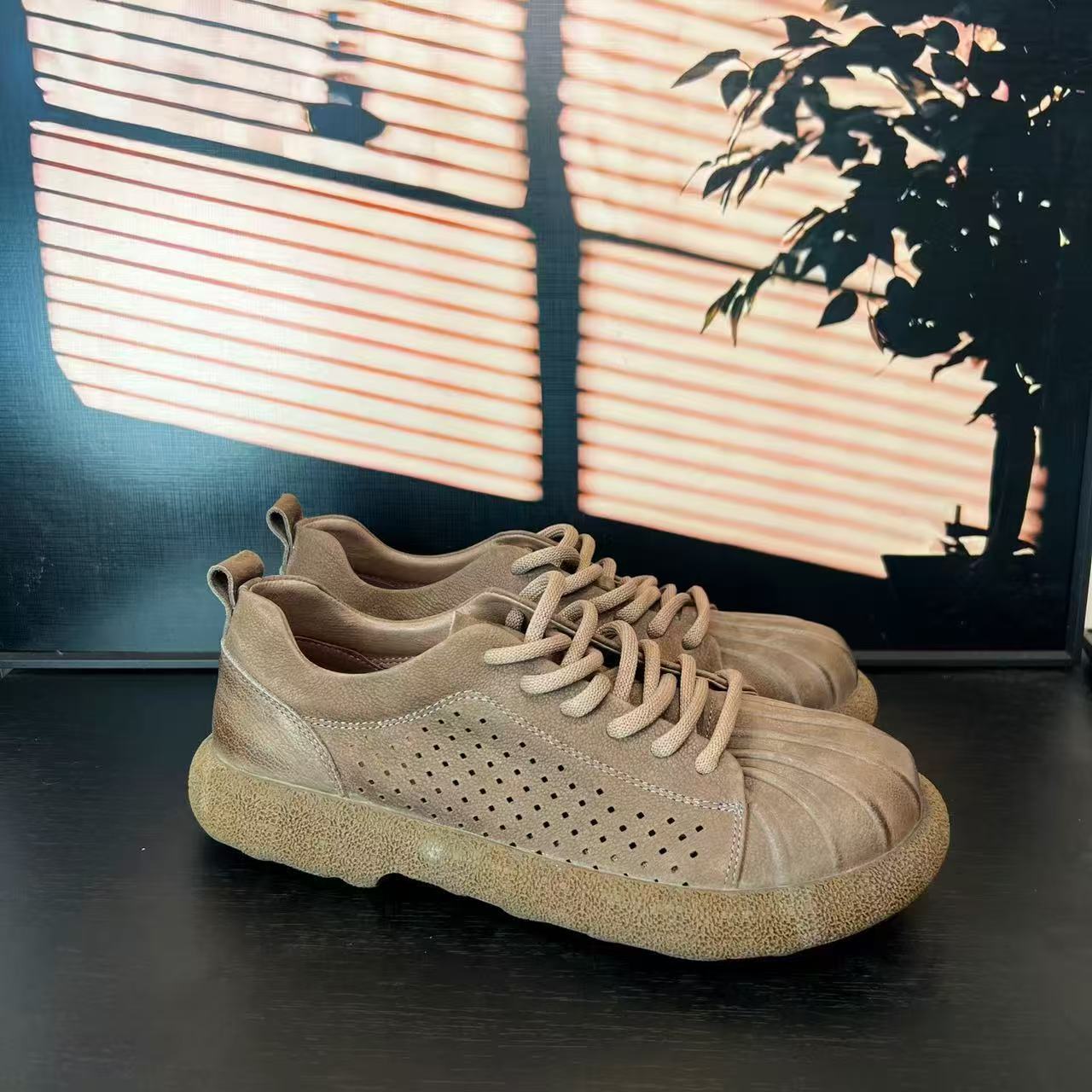 Men's Cowhide Platform Summer Retro Flat Bottom Breathable Men's Casual Shoes