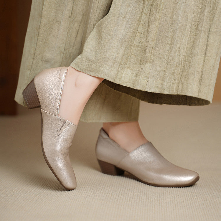 Super Soft Sheepskin Square Toe Thick Deep Mouth Versatile Single-layer Women's Fashion Shoes