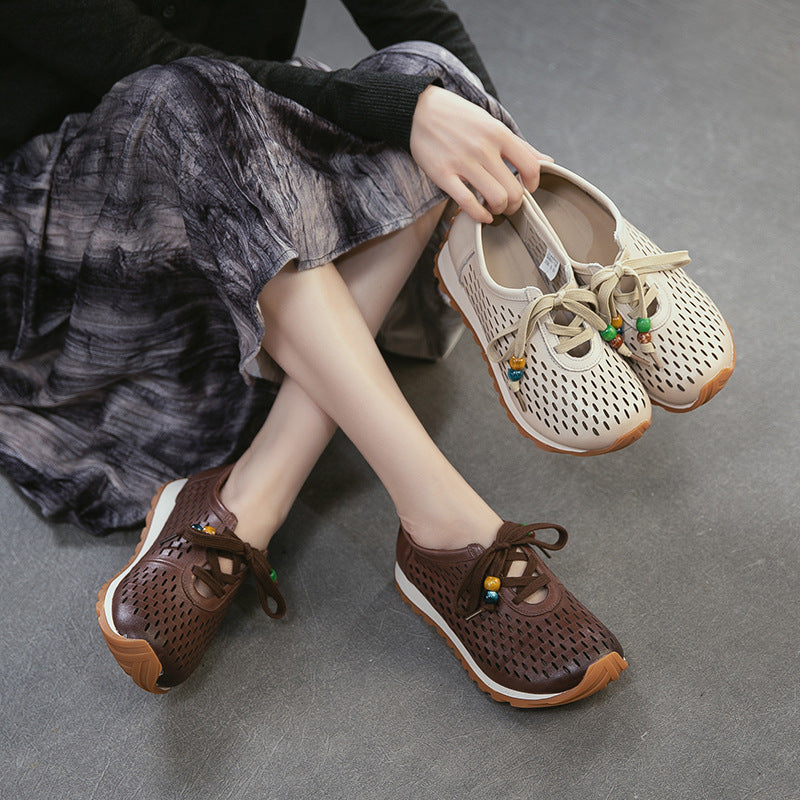 Women's Laser Punching Breathable Pumps First Layer Cowhide Artistic Women's Casual Shoes