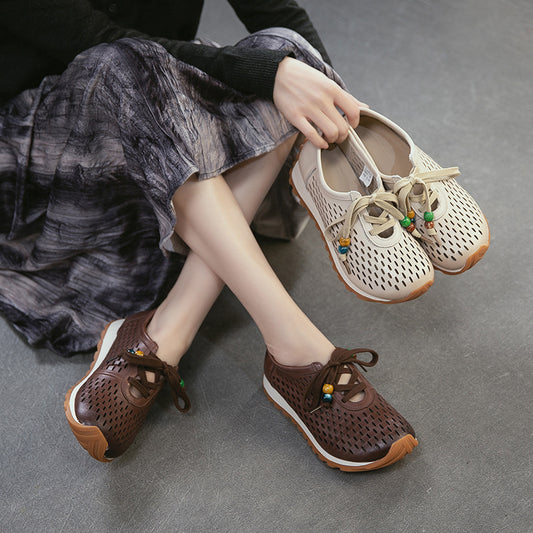Women's Laser Punching Breathable Pumps First Layer Cowhide Artistic Women's Casual Shoes