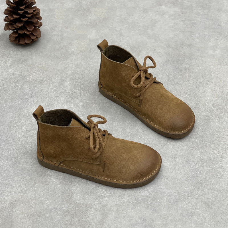 Women's First Layer Cowhide Artistic Crafts Matte Genuine Round Toe Flat Women's Leather Boots