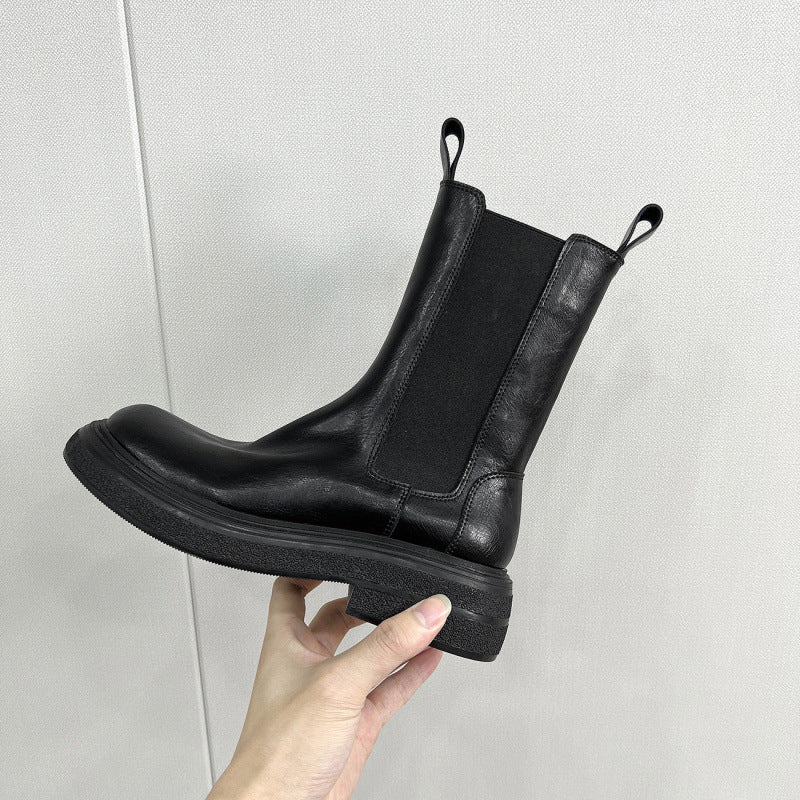 Women's British Style Chelsea Fleece-lined Mid Pleated Smoke Pipe Women's Leather Boots