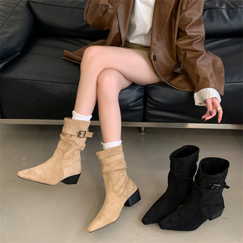 Women's With Skirt Thin Khaki Matte Suede Boots