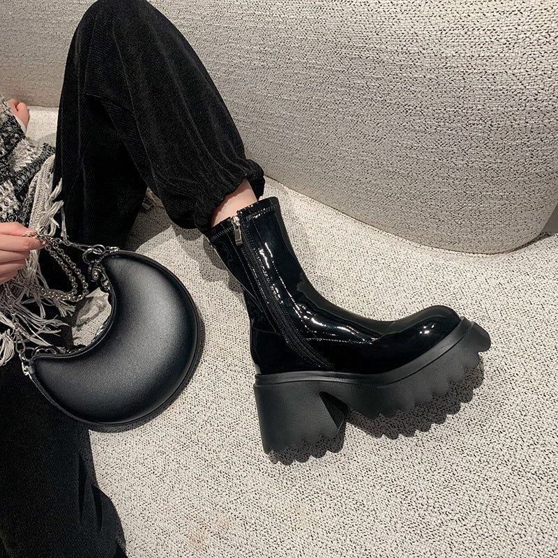 Small Stretch Female Height Increasing Patent Platform Waterproof Over Women's Leather Boots