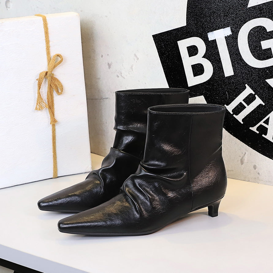 Women's Retro Fashion Stiletto Short Tube Pleated Women's Leather Boots