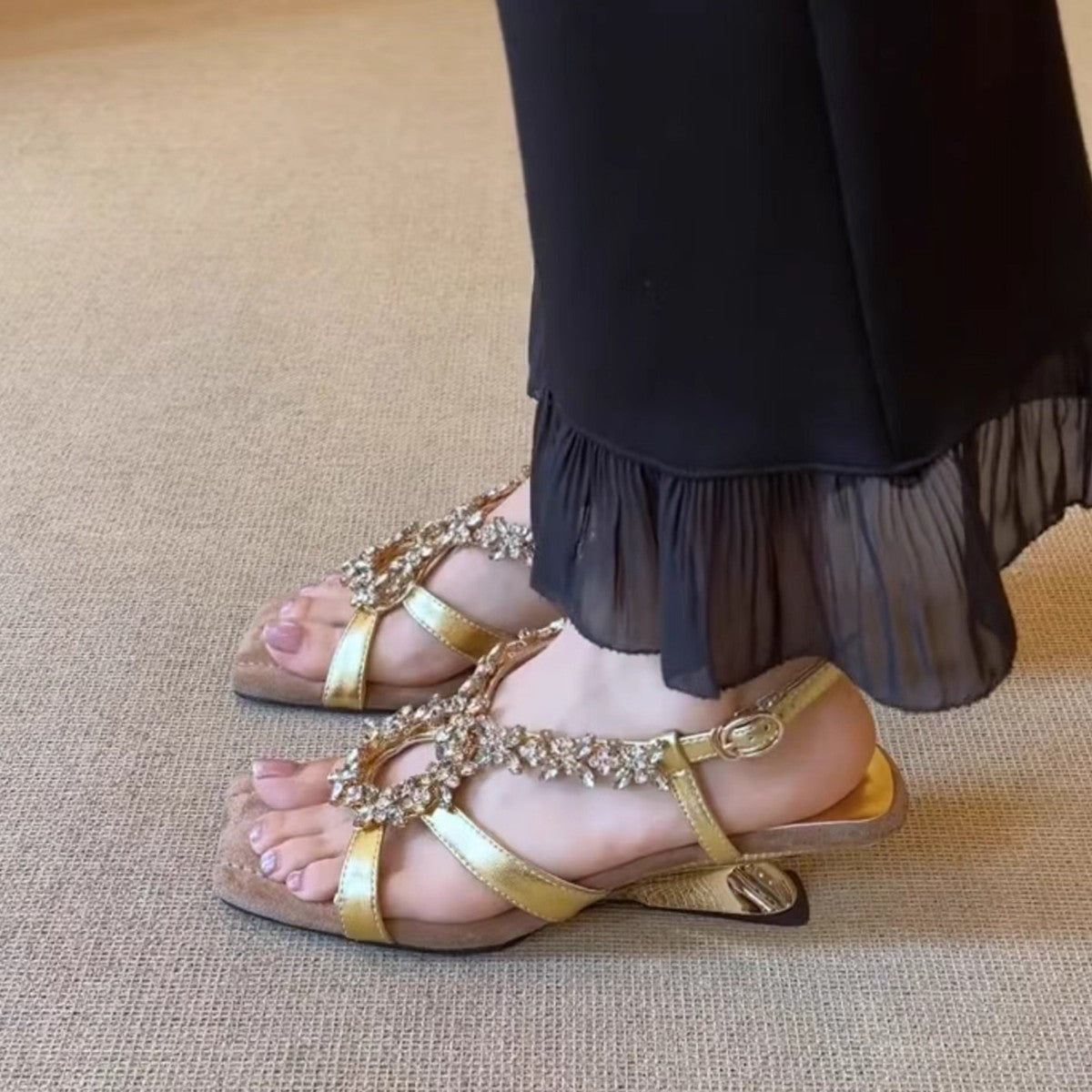 Women's Cowhide Niche High-grade Gold Rhinestone Wedge Summer Abnormal Heels