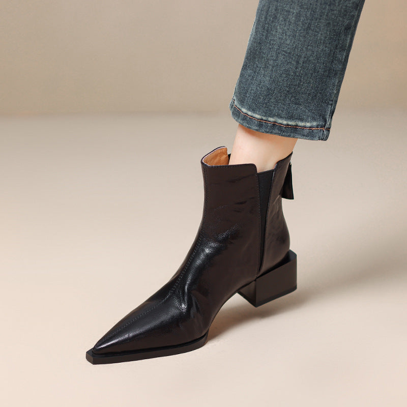 Women's Black Short Thick Thin Retro Martin Women's Leather Boots