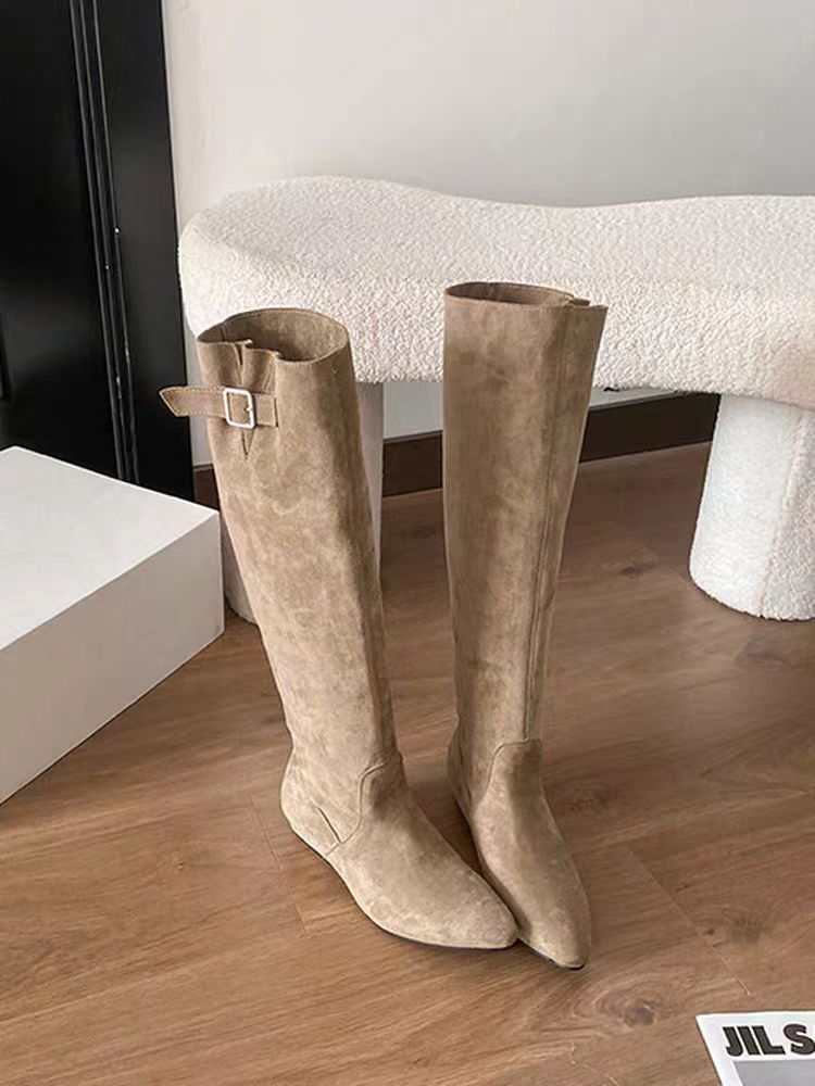 Below The Knee Long Female Suede Elegant Belt Buckle Slimming Heels