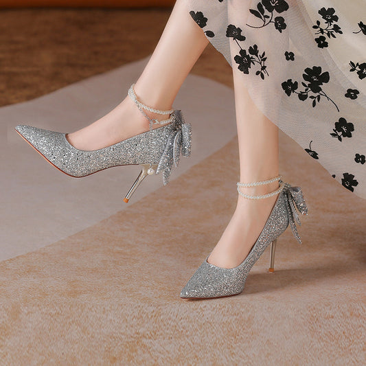 Women's Wedding Dress Bridal Crystal Sequined Adult Ceremony Pearl Chain Bow Women's Fashion Shoes