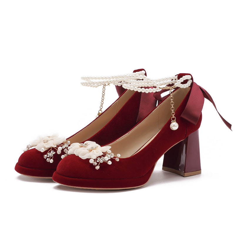 Jane Princess Bridesmaid Flower Pearl Chain Chunky Women's Fashion Shoes