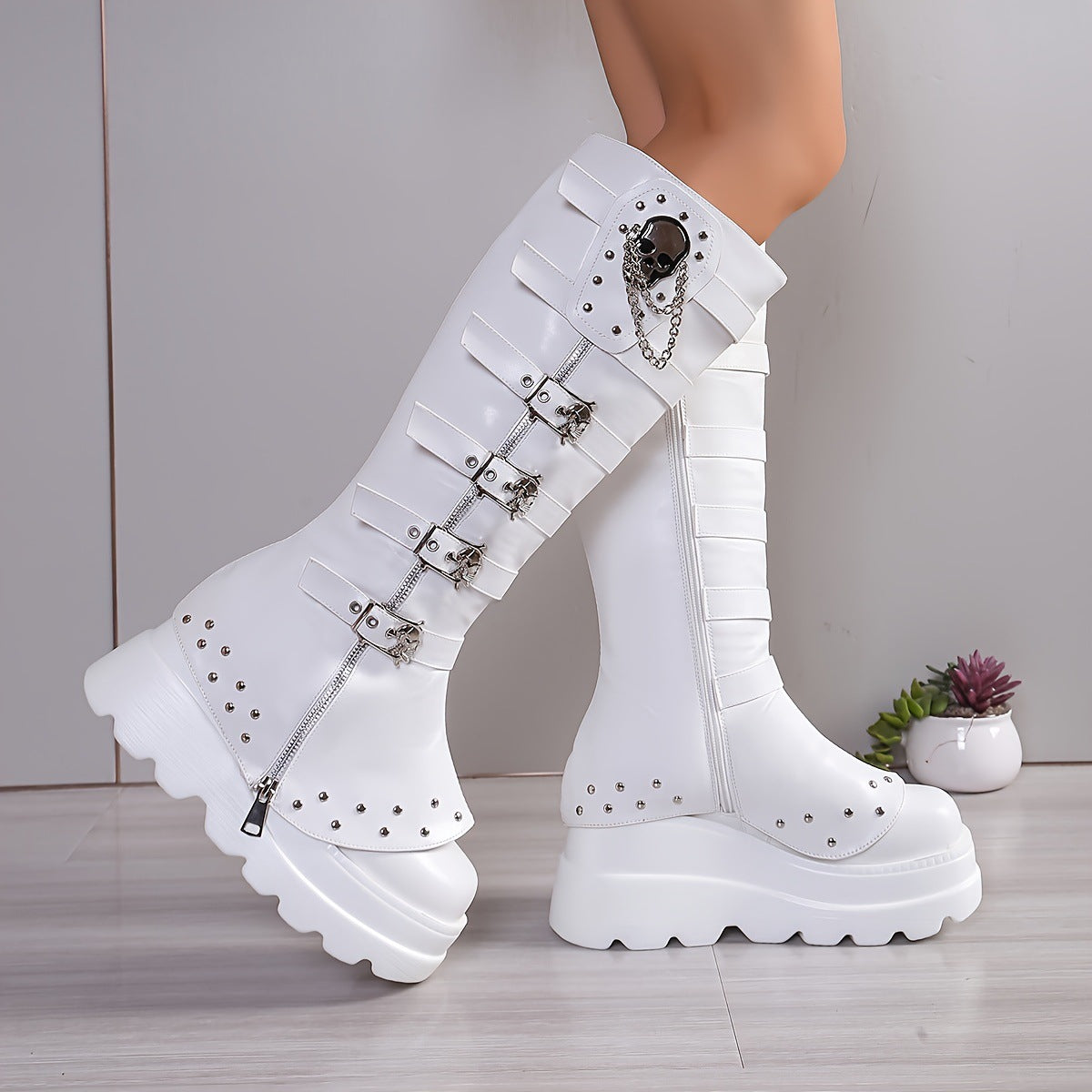 Women's Metal Buckle With Platform High Female Plus Boots