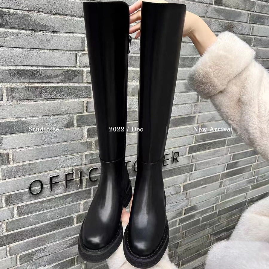 Women's Cowhide Version Thick Bottom Small Stretch Knight Women's Leather Boots