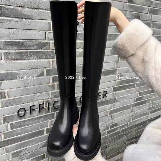 Women's Cowhide Version Thick Bottom Small Stretch Knight Women's Leather Boots