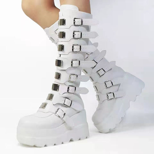 Women's Metal Buckle With Platform High Female Women's Leather Boots