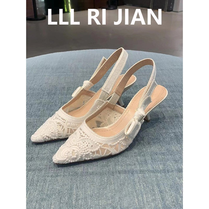 Women's Lace Embroidered Toe Box Mid Kitten High Heeled Sandals