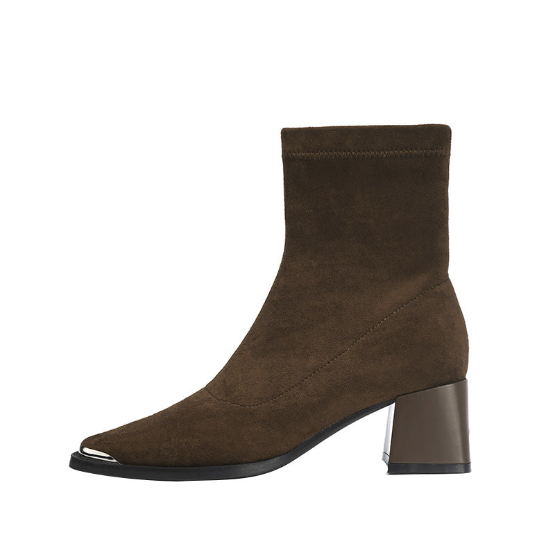 Women's Stitching Square Toe Booties Chunky High Skinny Joker Martin Boots