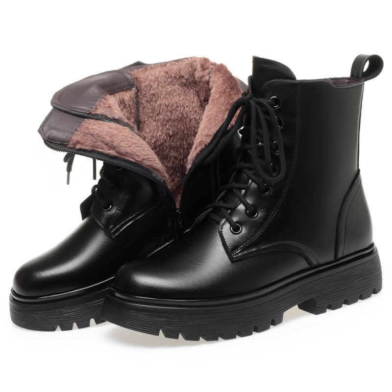 Women's Lined Padded Warm Keeping Northeast Fur Integrated Short Women's Leather Boots