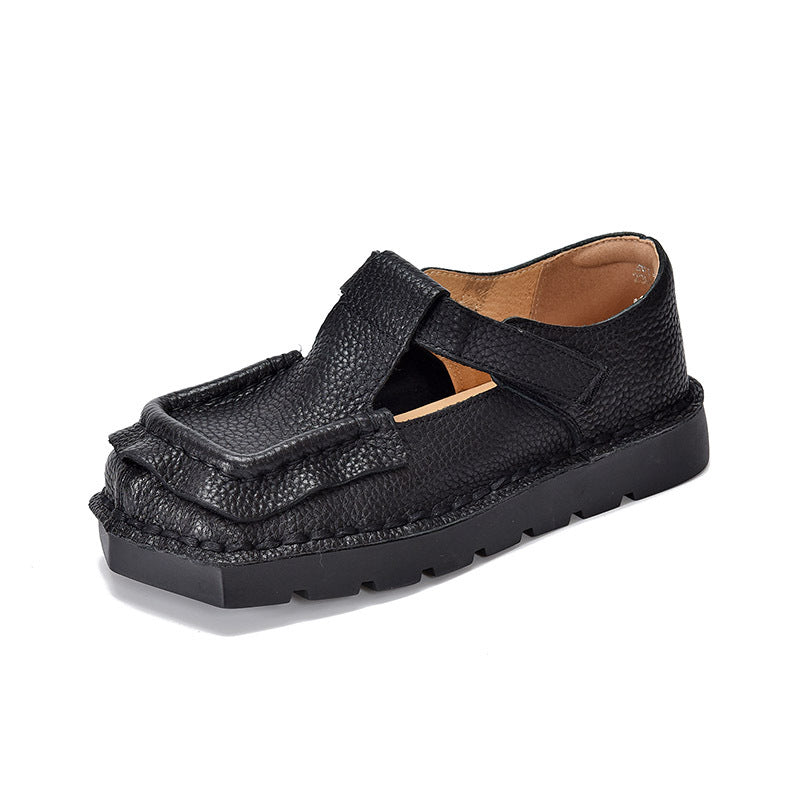Women's First Layer Of Cowhide Soft Bottom Surface Square Toe Flat Women's Shoes