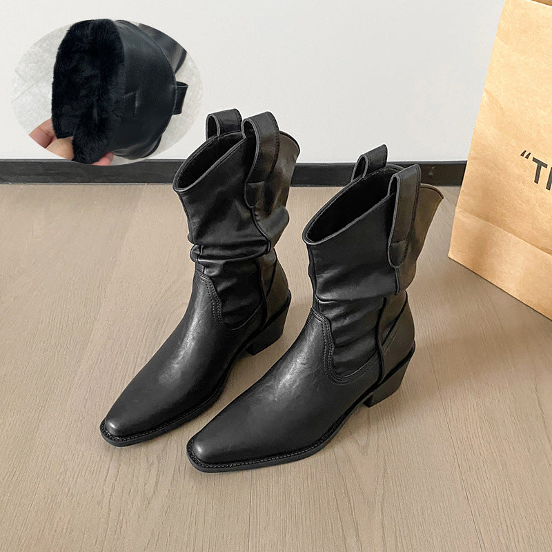 Vintage Crumpled Pile Style Short Female Autumn Western Cowboy Boots