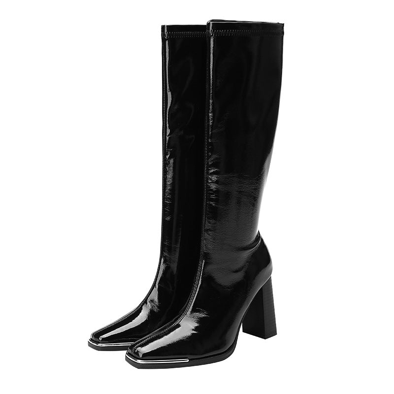 Chunky Square Toe Long High Motorcycle Boots