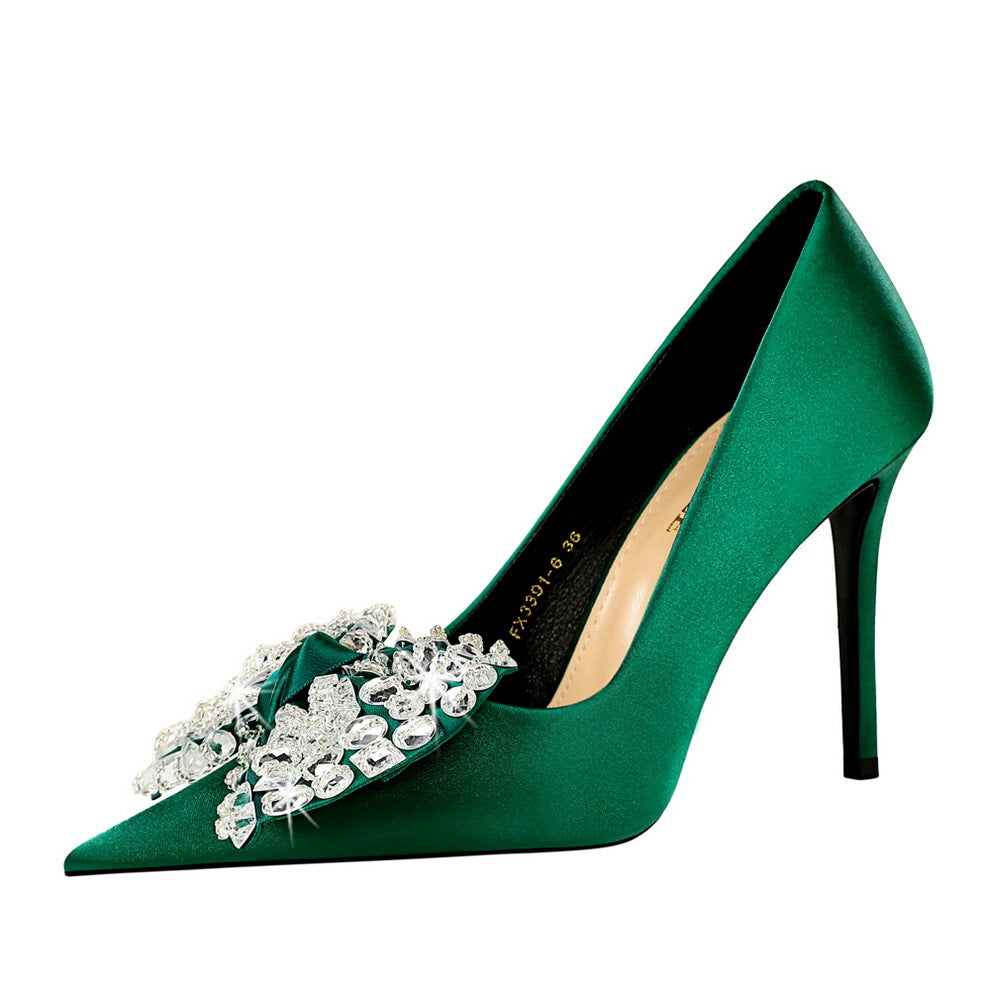 Women's Satin Shallow Mouth Pointed Toe Rhinestone Bow Women's Fashion Shoes