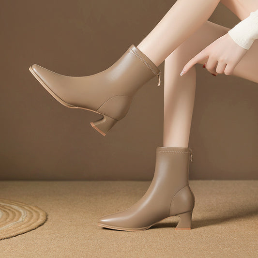 Women's Style Chunky Short Commuter Back Zipper Elastic Square Toe Boots