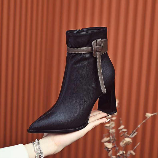 Women's Thick Pointed Toe Skinny Martin Early Autumn British Style High Women's Leather Boots