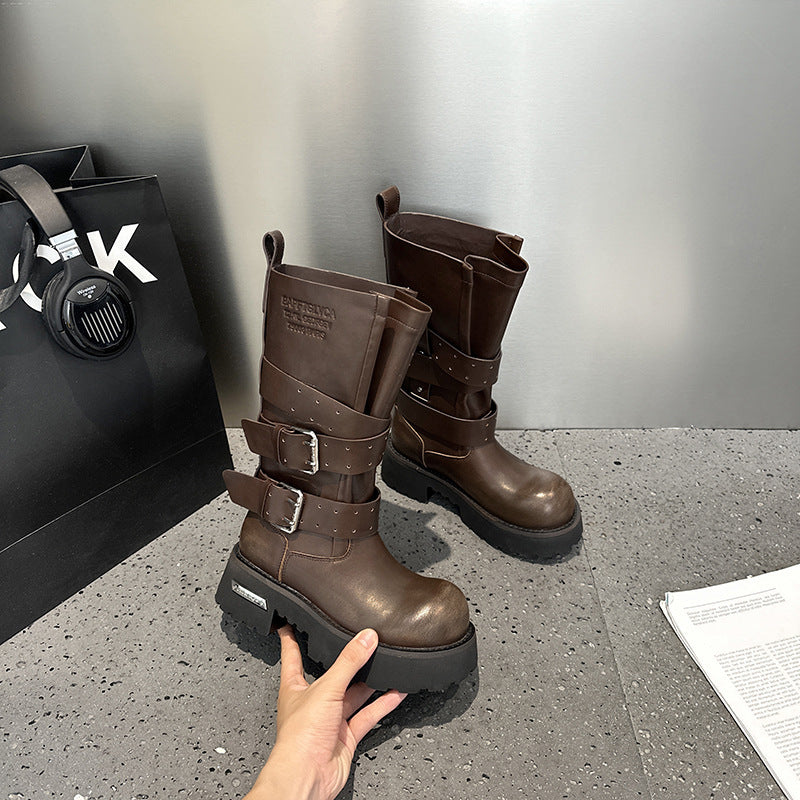 Women's Bottom Retro Big Head Derby Punk Motorcycle Knight Women's Leather Boots
