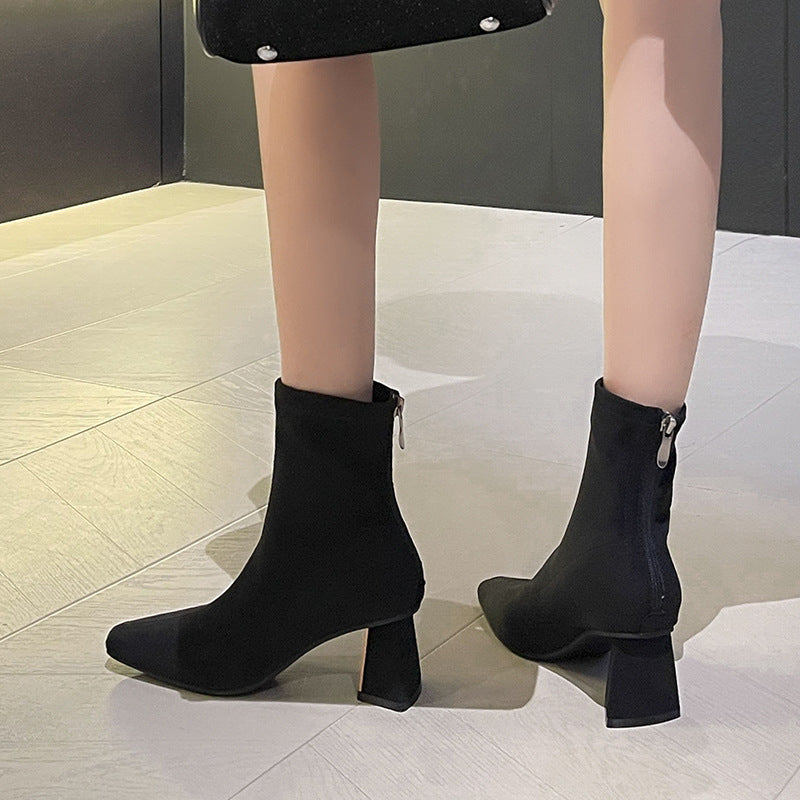 Women's French Retro Cashmere Stitching Square Toe High Short Thick Women's Leather Boots
