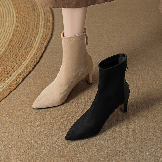 Women's Style High Chunky Pointed Toe Back Zipper Suede Women's Leather Boots
