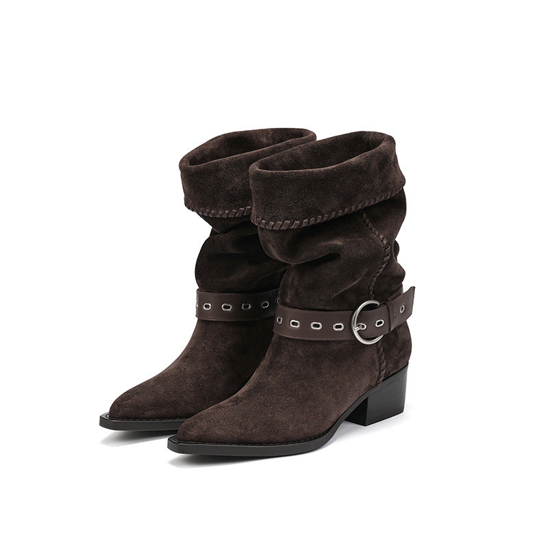 Suede Retro Length Knight Pleated Western Women's Leather Boots