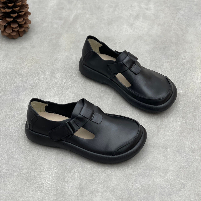 Women's Retro Handmade Round Head Velcro Slip-on Flat Cowhide Women's Casual Shoes