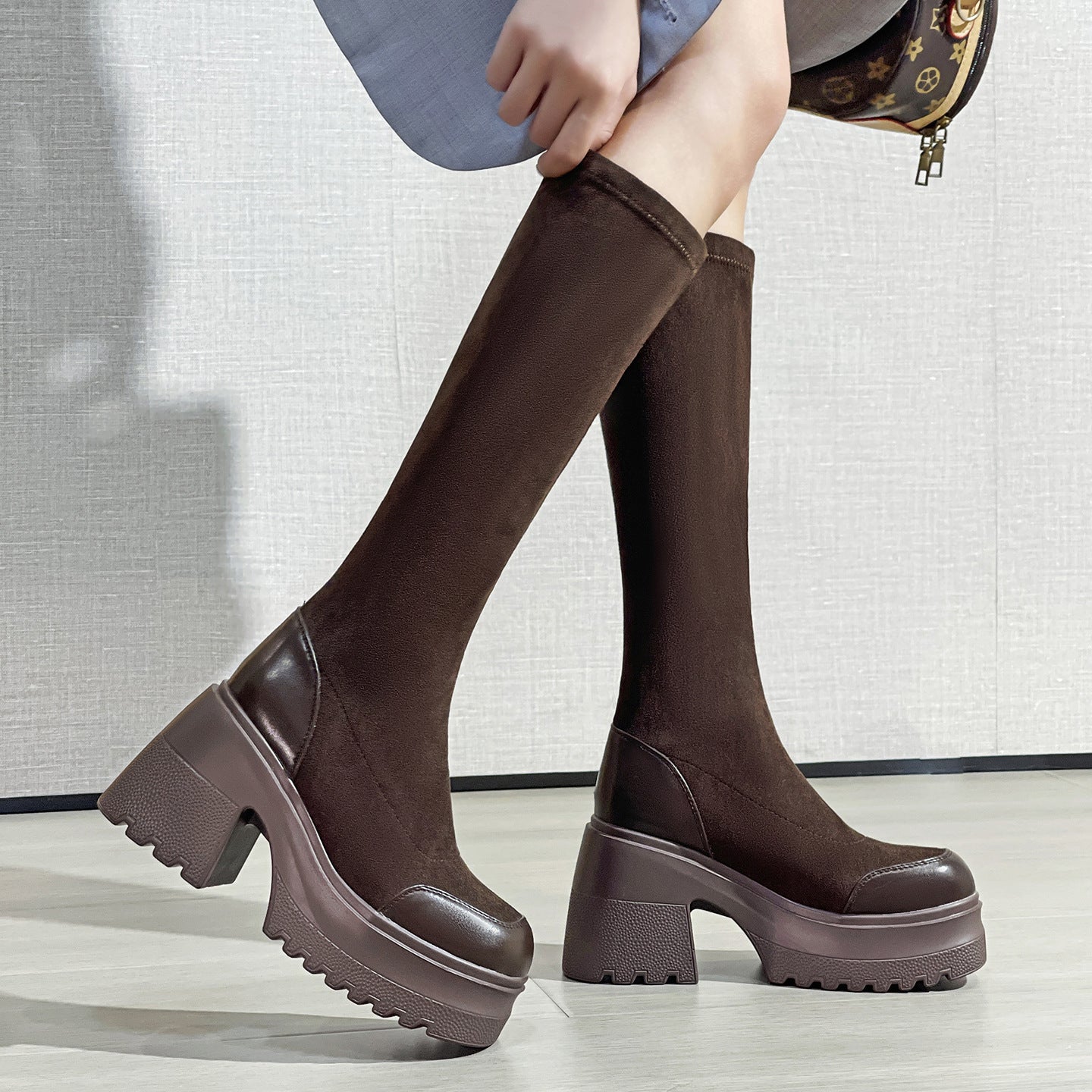 Women's Small Thick Bottom Stretch Autumn Below The Knee Knight Long Women's Leather Boots